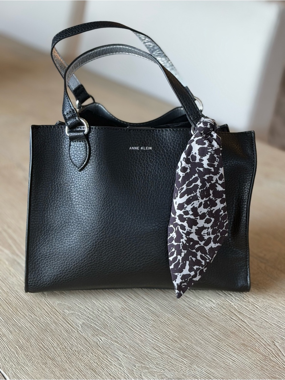 Anne Klein Black Pebbled Leather Satchel with Patterned Scarf